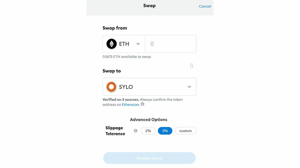 Swap from ETH to Sylo