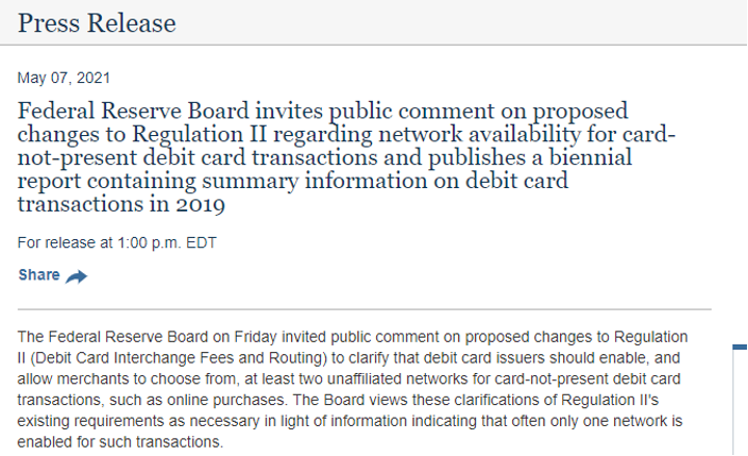 Pressemitteilung der Federal Reserve zu Gebühren für Card-not-present-Debitkartentransaktionen